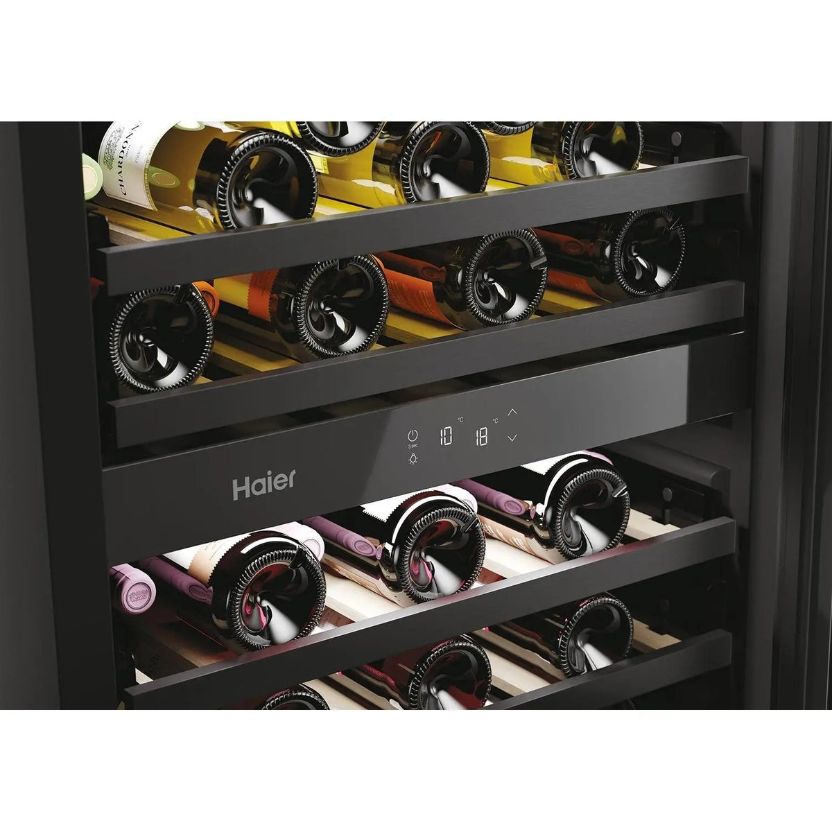Haier wine cooler with bottles inside on a white background
