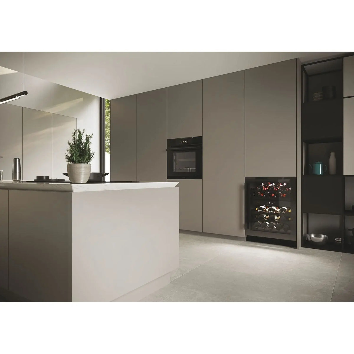 Modern kitchen with gray cabinets, white island, and wine rack.