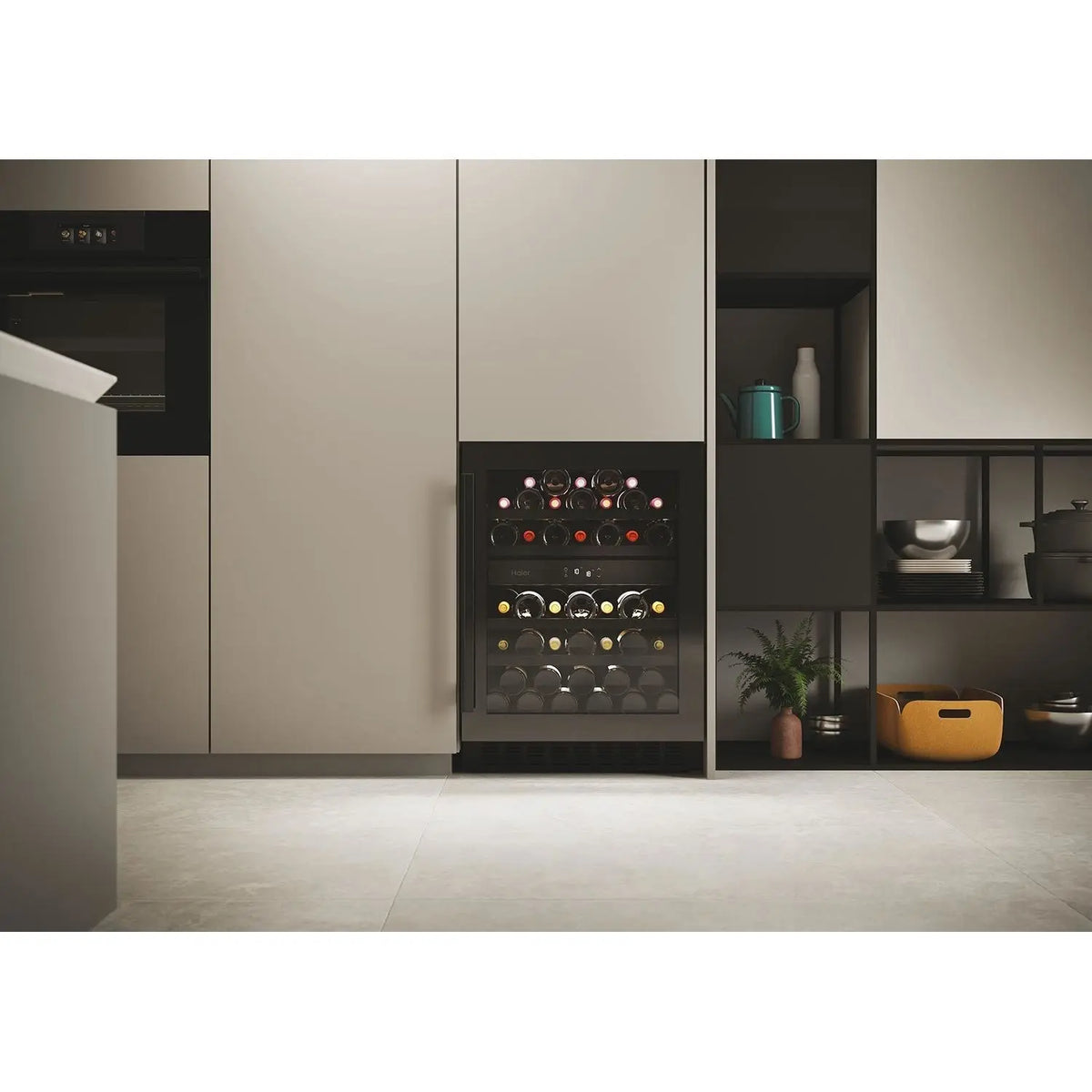 Modern kitchen with a wine cooler and open shelves.
