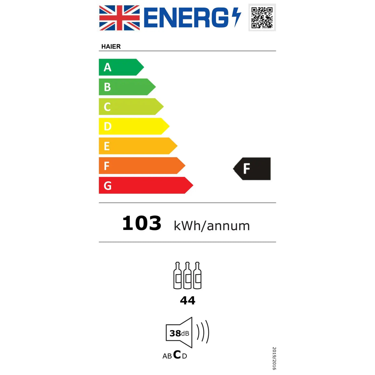 Energy label for a Haier appliance showing an A-G rating scale with a black F rating, 103 kWh/annual consumption, 44 bottles, and a 38 dB sound level on a white background.