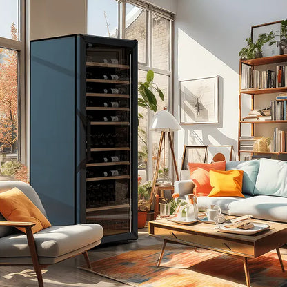 Wine cooler in a living room with a couch, coffee table, and bookshelf.