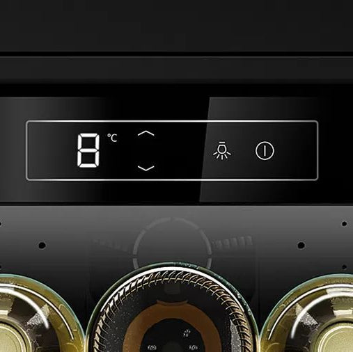 Neff KU9202HF0G temperature display showing 8°C, with temperature, lighting and power controls.