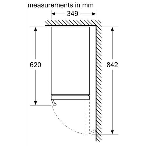 Neff KU9202HF0G overhead installation diagram showing appliance depth and door-opening clearance in millimetres.