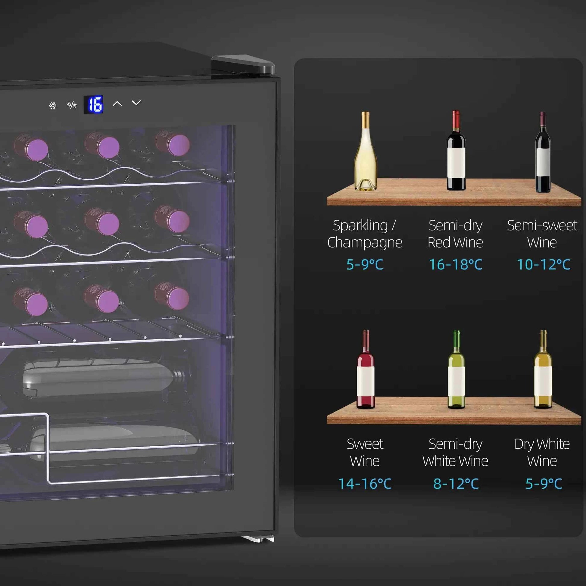 HOMCOM 16 Bottle Single Zone Freestanding Black Wine Fridge